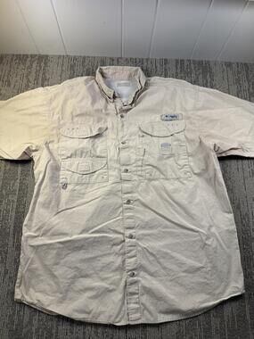 Columbia PFG Shirt Mens 2XL Beige Solid Short Sleeve Button Up Fishing Outdoor
